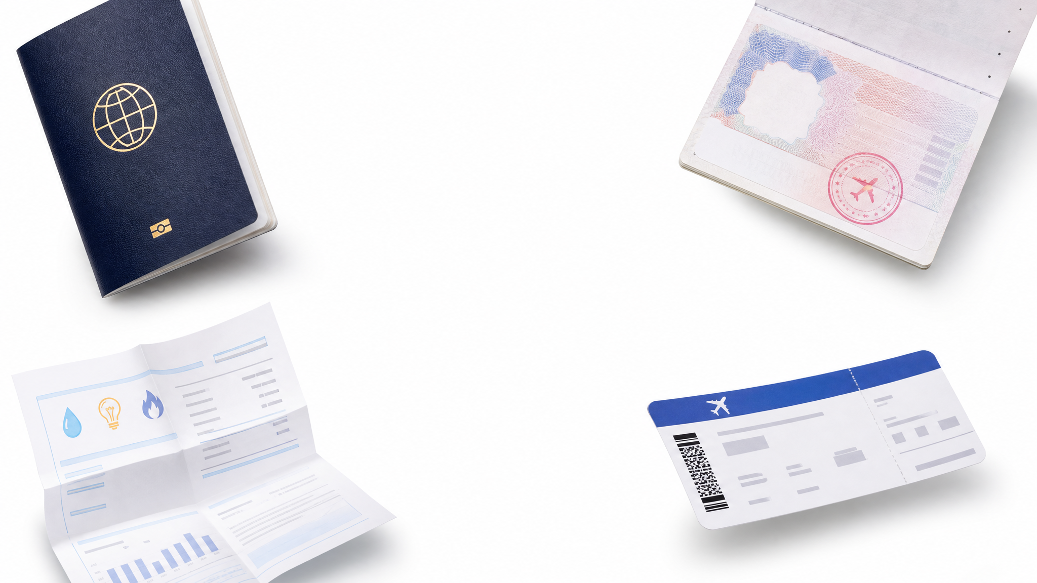 A passport, a visa, a utility bill and an airline ticket — the calls the agent handles for you.
