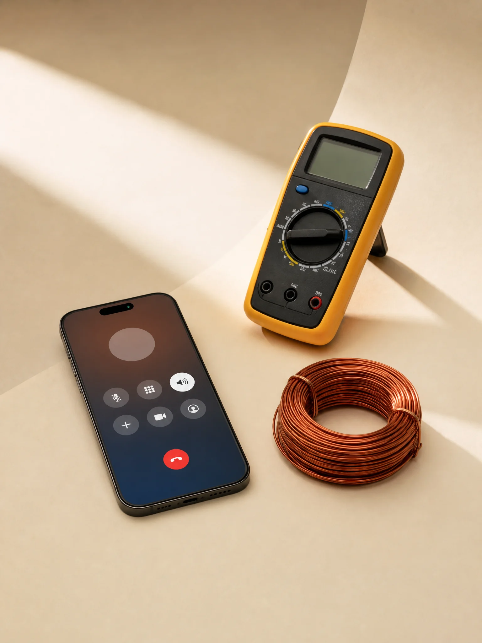 A phone taking a live call beside a multimeter and a coil of copper wire