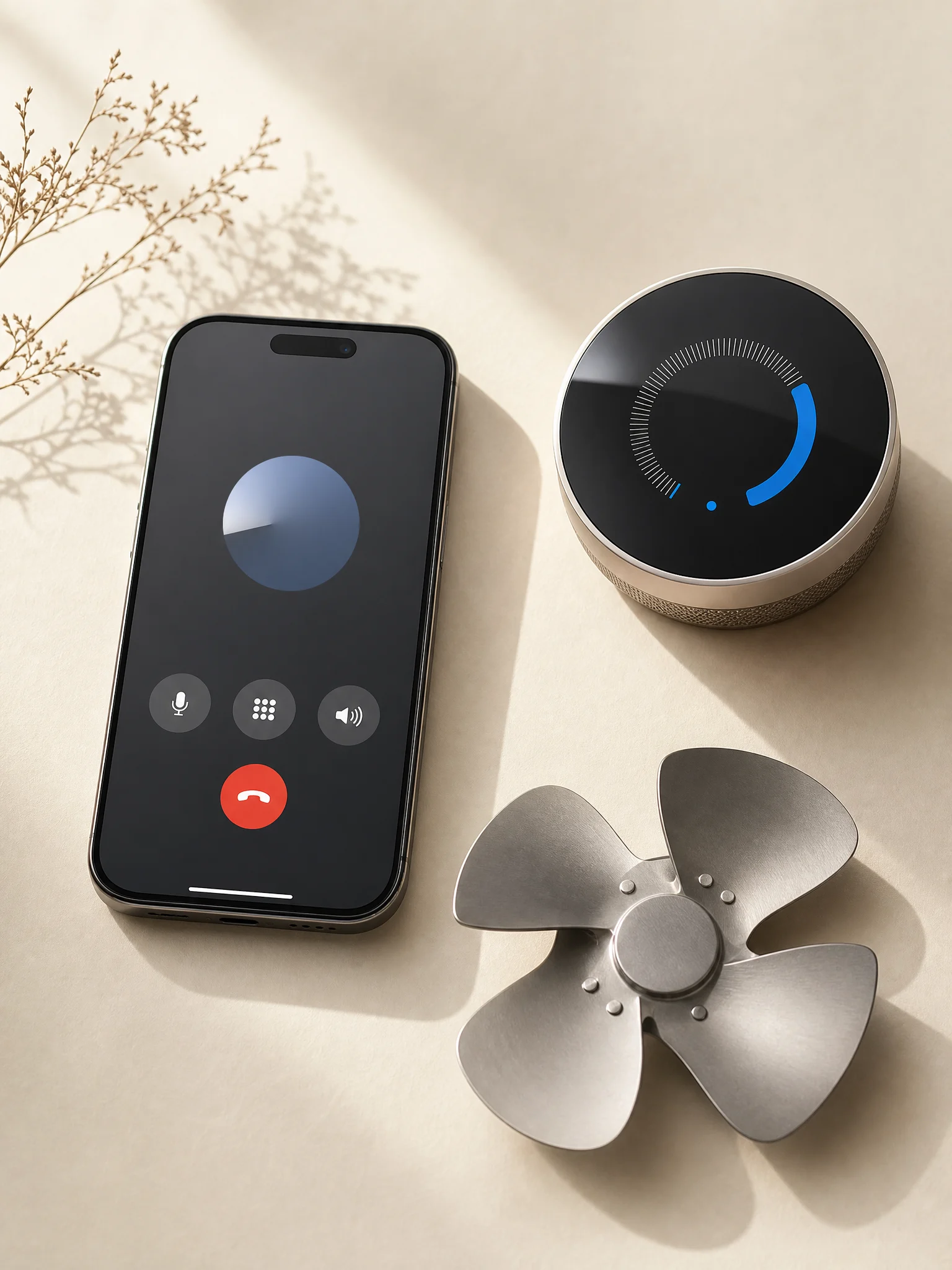 A phone taking a live call beside a thermostat and an HVAC fan blade