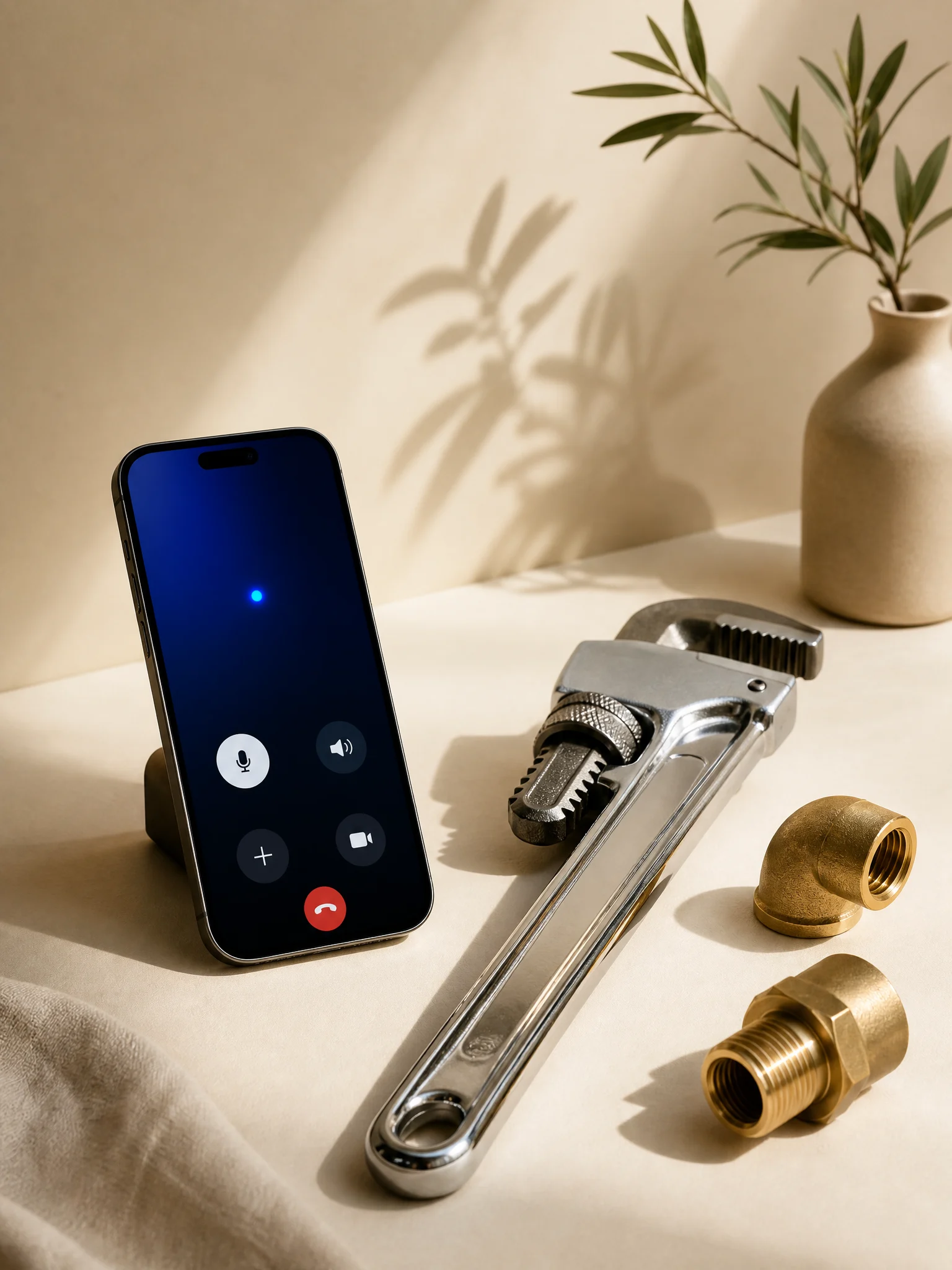 A phone taking a live call beside a chrome pipe wrench and brass fittings