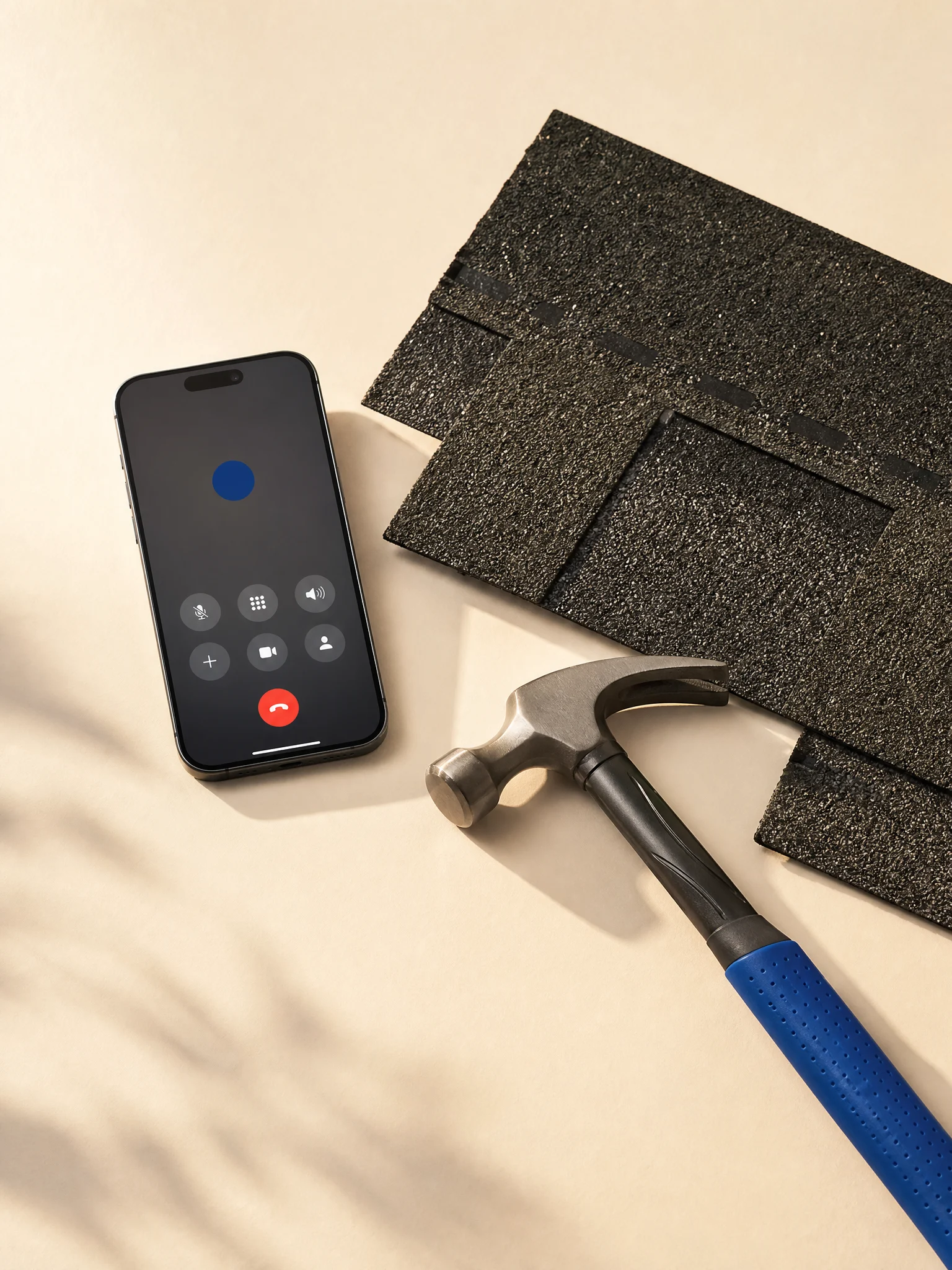 A phone taking a live call beside roof shingles and a roofing hammer