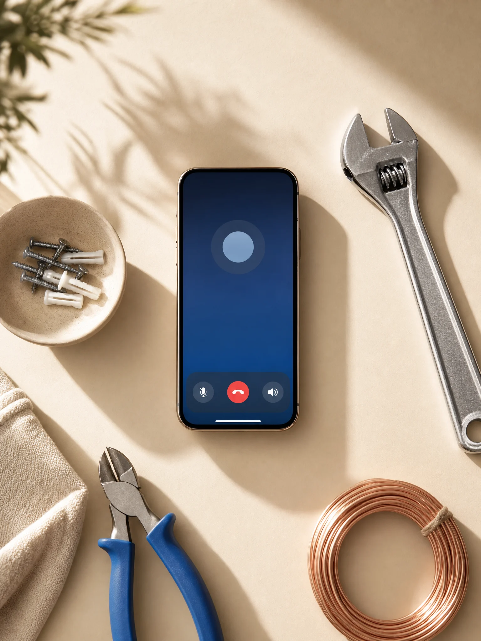 A phone taking a live call beside clean home-service tools