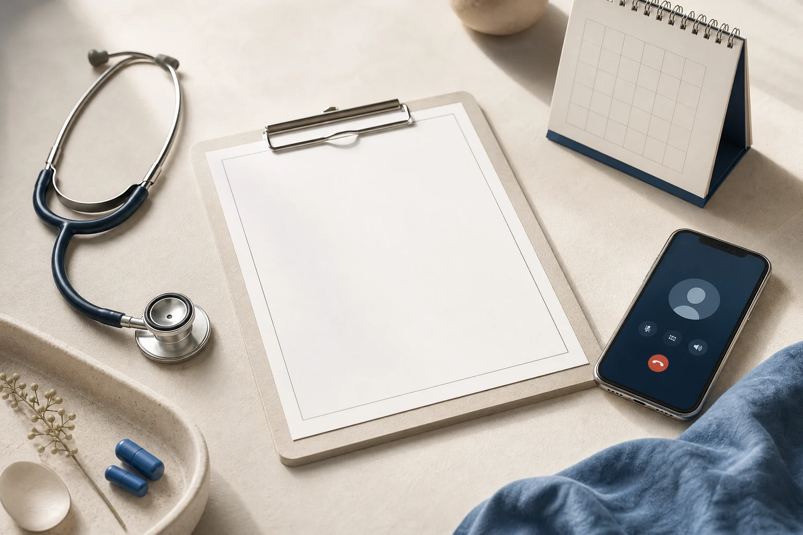 A medical clipboard with a blank form, a stethoscope, a desk calendar, and a phone showing an active call.